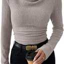 IWD Womens Cowl Neck Tops Basic Long Sleeve Business Casual Outfits Fall Knit Ruched Shirts (Khaki, Large)