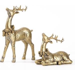 DN DECONATION 2pcs Gold Christmas Reindeer Figurines, Tabletop Reindeer Christmas Decor Indoor, Small Resin Xmas Brass Deer Decorations for Home Mantel Decor (Set of 2)