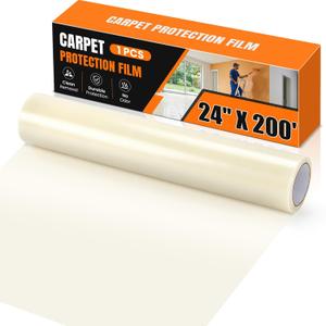 3mil carpet protection film 24" x 200' self-adhesive plastic carpet protection film, easy to clean, remove and unfold, durable protective tape, effectively prevents surface stains and spills