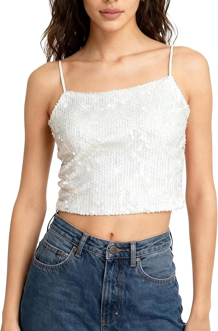Sequin Cami Top Square Neck Sparkly Tank Top Sleeveless Party Camisole Shirts (White, S)