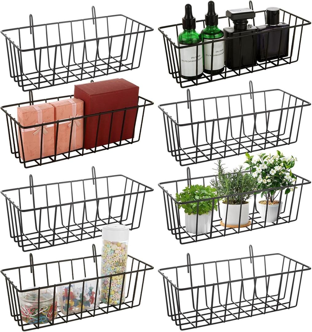 8Pcs Wire Basket, Grid Panel Hanging Wire Baskets, Black Grid Wall Basket for Organizing, for Storage Kitchen Bathroom Home, 9x3.9x2.9 Inches