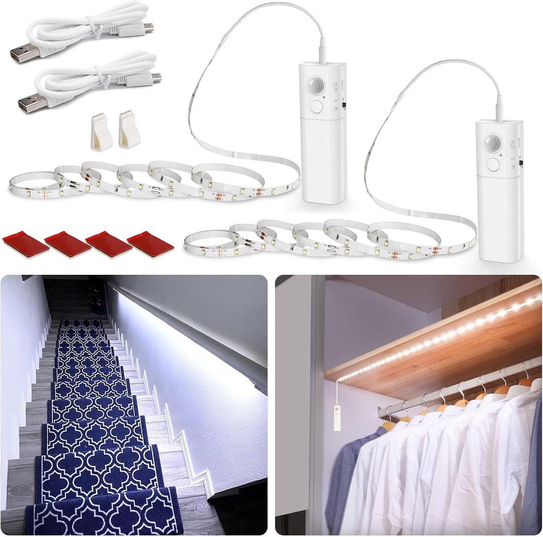 WOBANE Motion Sensor Stair Strip Lights,Rechargeable Motion Activated Closet Light,Battery Powered LED Strip,60 LEDs Homelife Bar for Bed,Pantry,Counter,Night Light,Cabinet,6000K White,6.56ft,2pcs