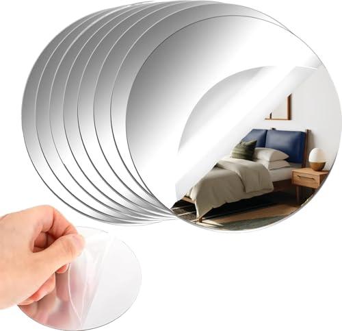 CEUQIESO 8 Pack Acrylic Round Mirrors, 10 inch Circle Mirror Tiles Self Adhesive Mirror Stickers for Wall Home Living Room Bedroom Decor, Small Mirrors for Crafts (Thickness 1 mm) (10 inch/25cm)