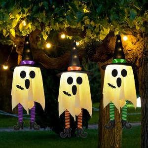 3pcs Halloween Hanging Ghosts Outdoor Decorations, Ghosts of Halloween with Witch Hat Outdoor, Hanging Ghost Decor, Glowing Ghost Witch Hat Lights for Porch Yard Patio Tree Garden Party