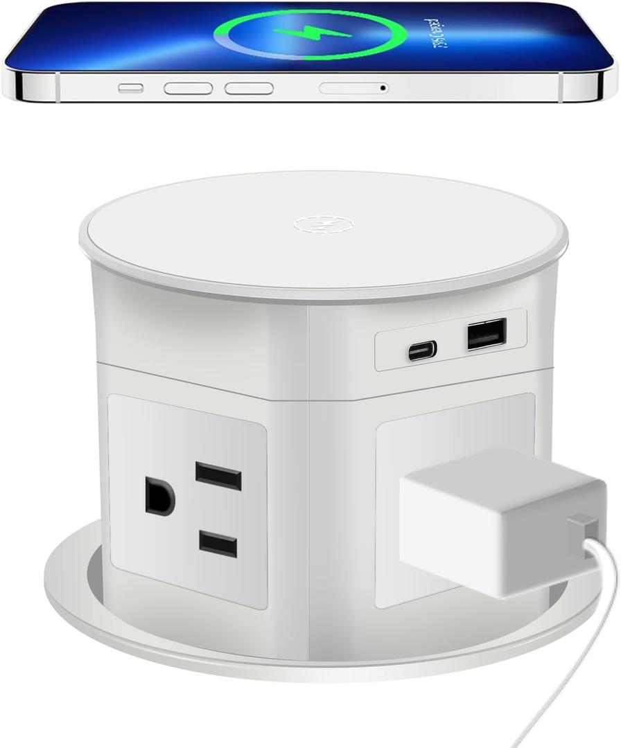 Pop Up Outlet 15W Wireless Charger,4 Outlets 1875W USB C PD20W Super Charging 6.5FT 16AWG Cable 3.86 inch Hole Pop Up Power Outlet for Kitchen Countertop,Office Conference Table UL Testing -White