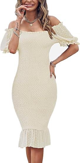 SENFURE Women's Summer Casual Midi Smocked Bodycon Dresses Puff Sleeve Square Neck Ruffle Mermaid Cocktail Dress, Size XL