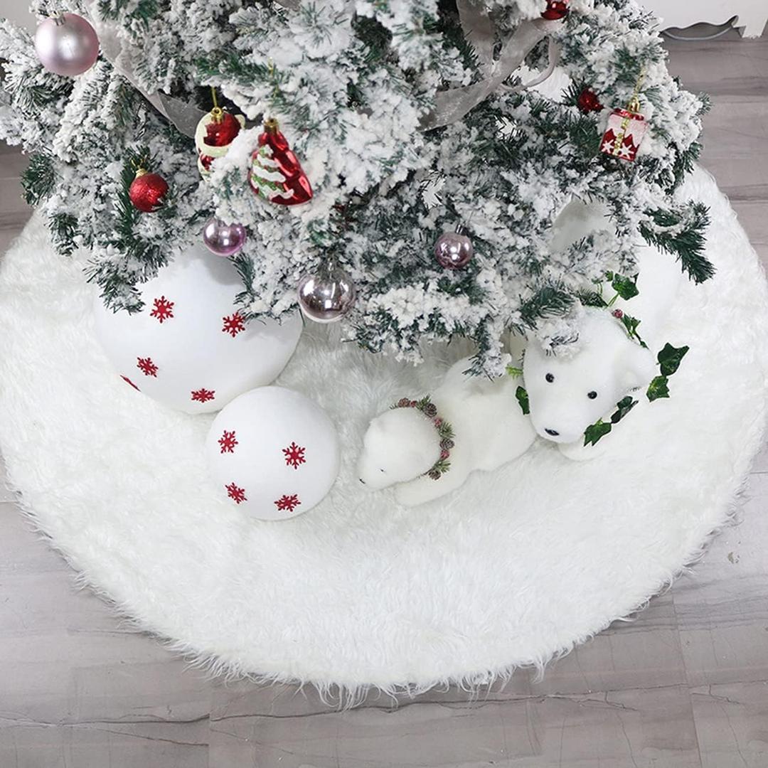 59 Inch Christmas Tree Skirt Faux Fur Snow White Luxury Plush Large Size Fluffy Home Holiday Decor Xmas Gift