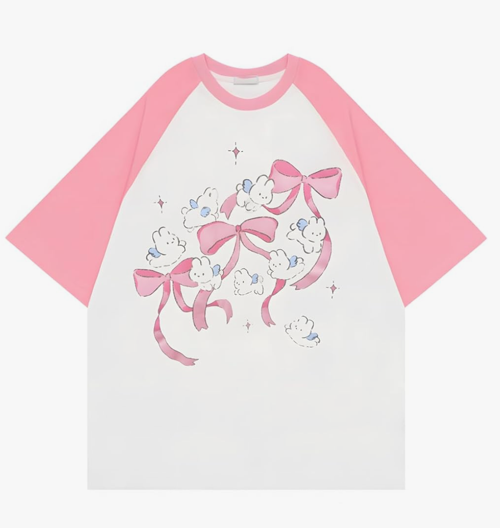 Harajuku Kawaii Clothes Casual Soft Crewneck Raglan Sleeve Cute Cartoon Graphic Bunny with Bows Print T-Shirt, M