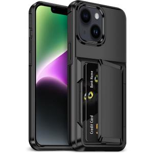 for iPhone 14 Case with Card Holder [Max 5 Cards] Heavy Duty Protective Shockproof Case Dual Layer Hidden Sliding Card Slot Wallet Case for iPhone 14 Phone Case Women&Men 6.1'' (Black)