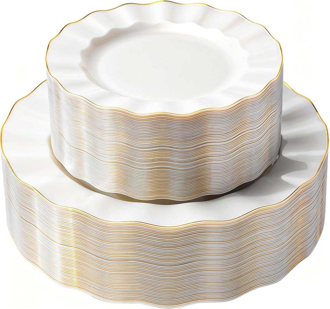 120PCS Pearl White Plastic Plates, Heavy Duty Disposable Party Plates with Gold Rim, 60 Dinner & 60 Dessert for Parties and Weddings