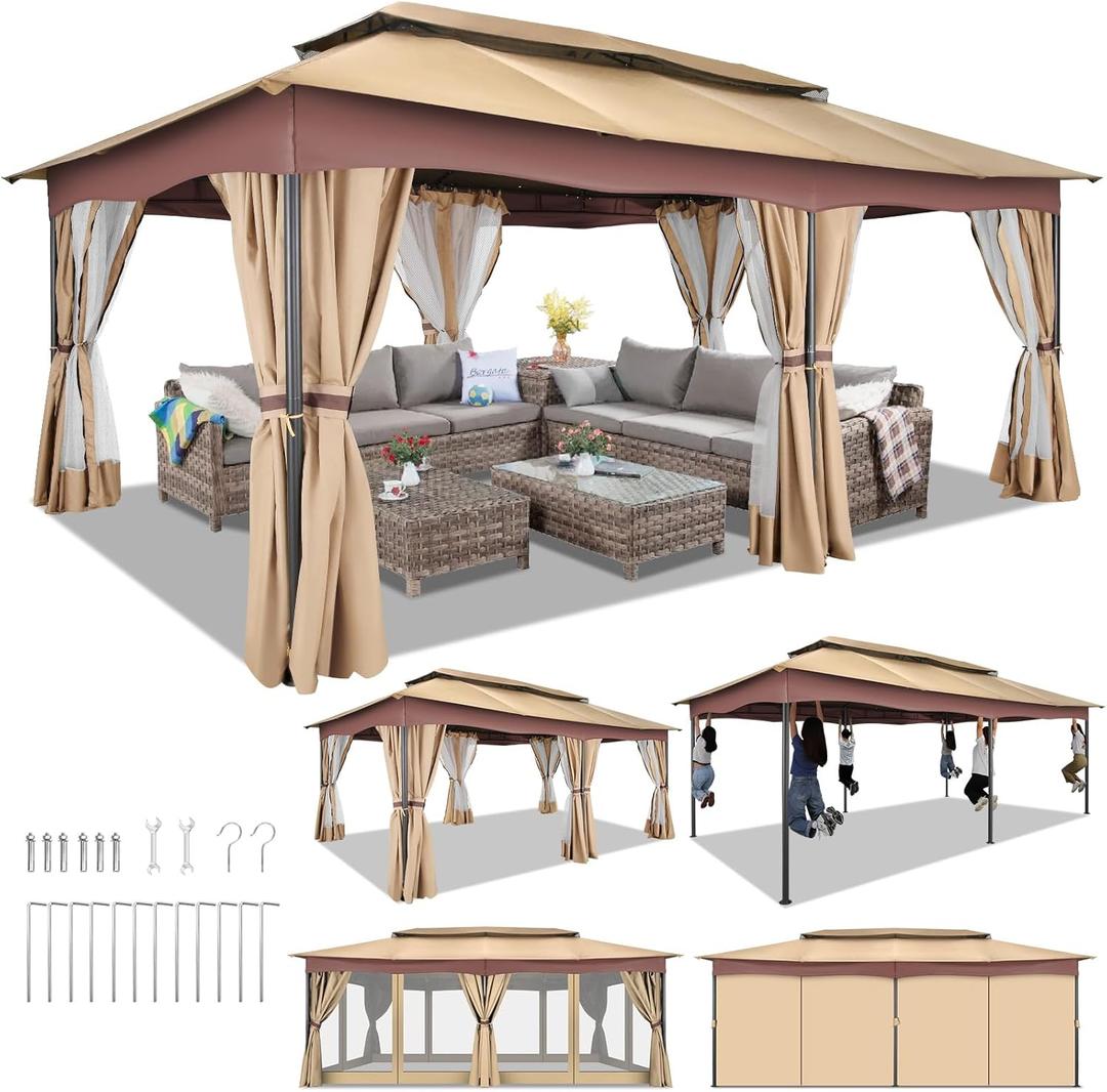 HOTEEL Gazebo 12x20, Outdoor Gazebo on Clearance with Double Ventilated Arc Roof, Privacy Curtains & Mosquito Netting, Easy Set up Canopy Tent with Stable Metal Frame for Patio, Khaki (Upgraded 2.0)