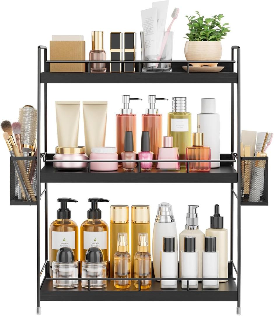 Bathroom Counter Organizer, Bathroom Countertop Organizer with Baskets, Vanity Organizers, Counter Shelf, Countertop Storage, Makeup Organizers (Black)