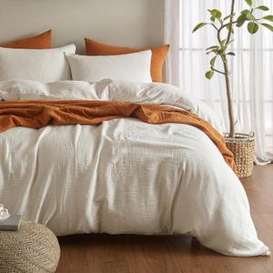 SE SOFTEXLY Muslin Duvet Cover Queen Size, 100% Washed Cotton Duvet Cover Set, Ultra Soft Comforter Cover Linen Like, 3 Pieces Minimalist Gauze Duvet Cover with 2 Pillowcases, 90"x90", White