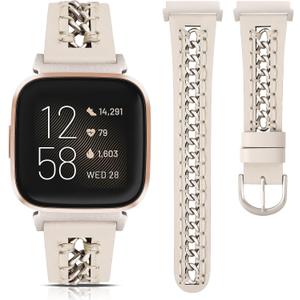 Minyee Leather Band Compatible with Fitbit Versa 2/Fitbit Versa/Versa Lite Bands Women, Dressy Premium Leather Designer Strap with Stainless Steel Metal Chain for Versa 2 Smartwatch Accessories (Starlight/Starlight)