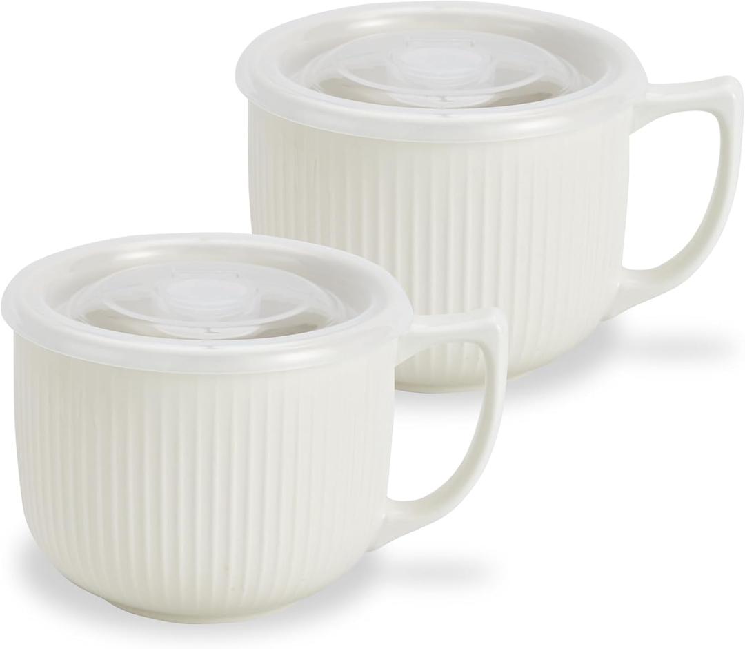 2 x Ceramic Soup Bowl with Handle 32oz Microwave Ramen Bowl with Lid, Soup Mugs & Cups for Cereal, Oatmeal, Ramen, Instant Noodle, Soup Container with Lid - Set of 2 (White)