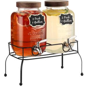 1 Gallon Glass Drink Dispenser 2 Pack - Drink Dispenser with Stand, Juice Dispenser, Drink Dispensers for Parties, Glass Water Dispenser with Stainless Steel Spigot, Lemonade Dispenser