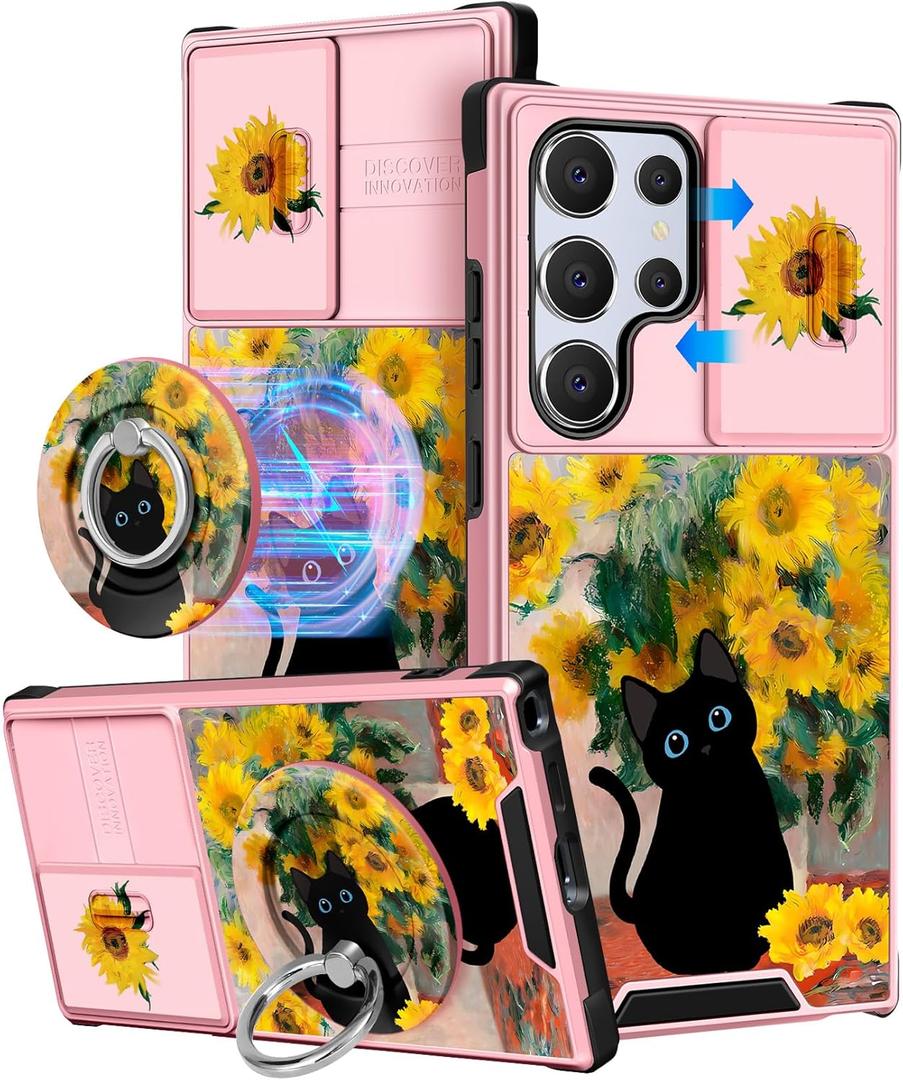 Buleens for Samsung Galaxy S23 Ultra Case - with Ring Stand & Camera Cover Aesthetic Cute Designed S23 Ultra Case Women Girls Girly Cat Sunflower for Samsung S23 Ultra Case Compatible with Magsafe