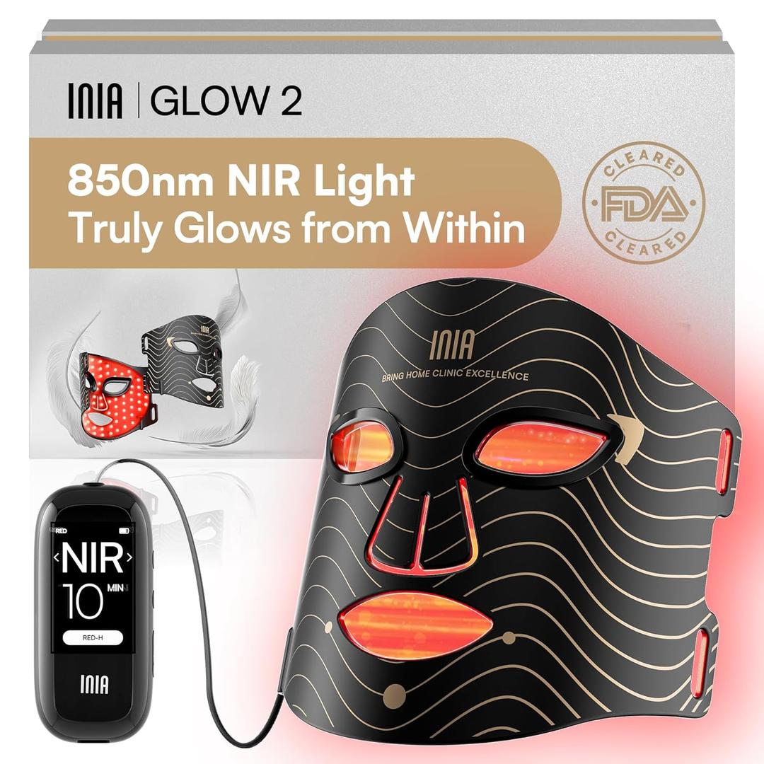INIA Red Light Therapy Mask for Face  4 Light Modes with 850nm NIR, Red & Blue LED Light Therapy, 2600mAh Rechargeable LED Face Mask for Radiant Glow at Home, Black