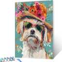 Puppy with Shades and Flowers Hat Paint by Numbers Kits 16x20 inch Canvas Cute Dog Lovely Animal Painting DIY Oil Painting for Kids, Adults Beginner with Brushes Pigment Drawings Gift(without Frame)