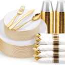 KIRE 175PCS Gold Plates Disposable - Heavy Duty White and Gold Plastic Plates Dinnerware Sets - 25 for Dinner 25 for Dessert 25 Pre Rolled Napkins and 25 Cups for Birthday/Valentine's Day/Wedding