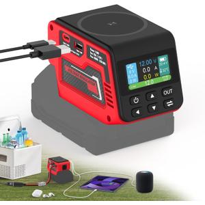 300W Power Voltage Regulator Compatible with Milwaukee 18V Battery, 2V-30V Voltage Regulator with 1 DC Voltage Regulating Socket, 1 USB Ports & 140W Type-C Charging, 15W Magnetic Wireless Charging (Red)