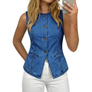 Tankaneo Womens Button Down Denim Vest Trendy Fitted Sleeveless Jean Tank Tops Crew Neck Waistcoat
, Size S