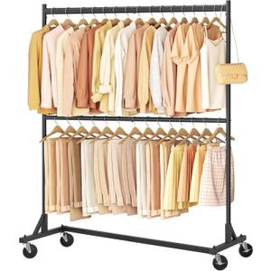 Hoctieon Double Rod Z Rack, Rolling Clothes Racks with Z-Base, Adjustable Clothing Rack, Standing Clothes Rack, Metal Clothing Racks for Hanging Clothes, Portable Garment Rack, Black