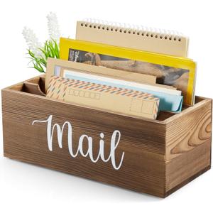 DRASTAR Mail Organizer Countertop, Mail Holder with 3 Slots, Mail Sorter Organizer for Desk, Envelope Holder for Home Office, Burnt Wood