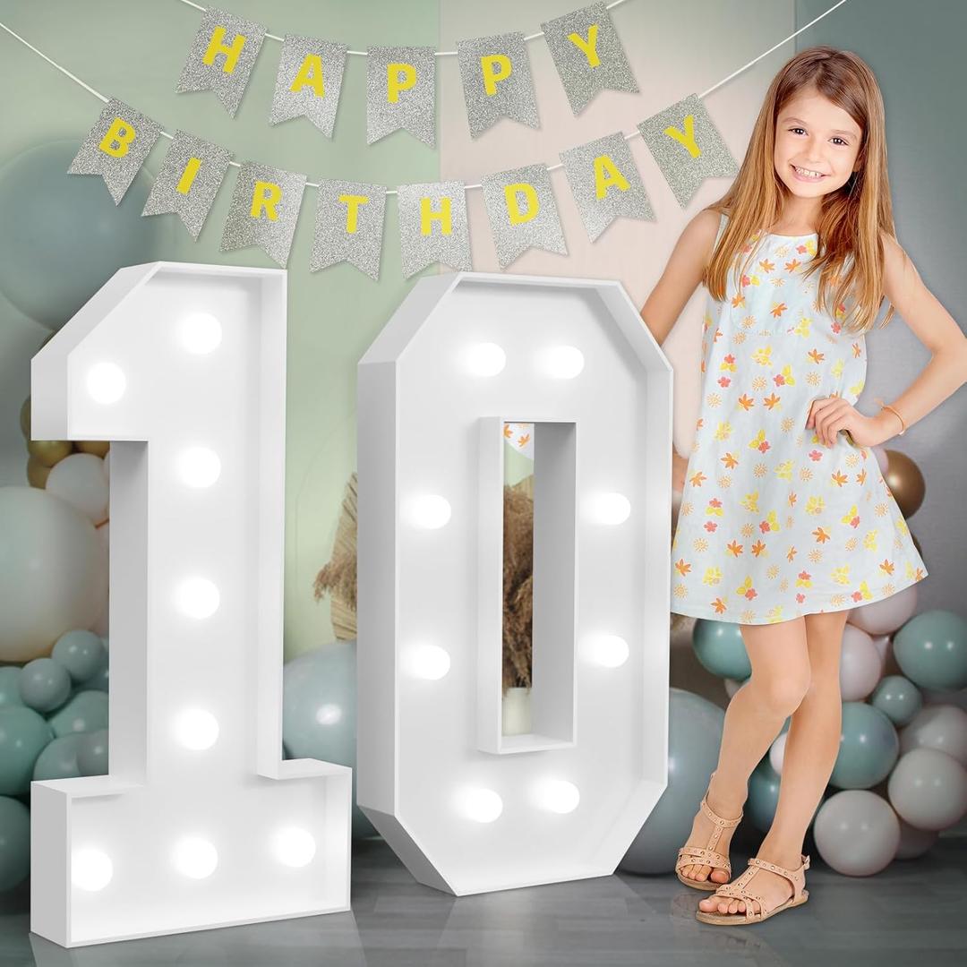 imprsv Marquee Numbers Large 10th-Birthday Decorations: 3ft Light Up Number 10 Birthday Decoration for Boy Girl Ten Year Old Birthday Decor Party Backdrop Anniversary Cardboard Big Mosaic Number 10 (White)