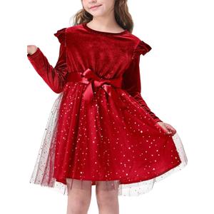 Hvididan Girls Christmas Dress Red Long Sleeve Tutu Dress, Star Sequin Bowknot Velvet Party Tulle Dresses Princess Birthday for 3-4T