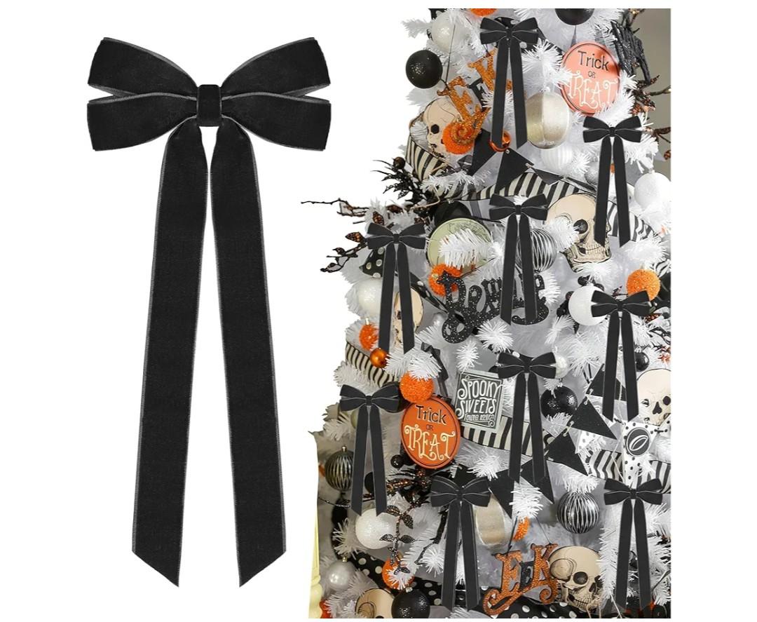 12Pcs Black Velvet Ribbon Bows Halloween Tree Decorations,5in x 10in Christmas Ornaments for Tree Home Party Front Door Wreath Holiday Decor