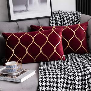 Gold Velvet Throw Pillow Covers: 2 Pack 12x20 Inch Rectangular Decorative Pillow Cases for Bedroom Sofa Couch Living Room, Christmas Burgundy Red