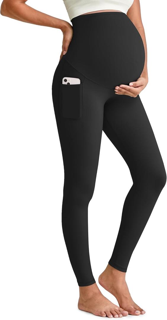 G4Free BareFeel Maternity Leggings with Pockets Over The Belly Stretchy Workout Yoga Pregnancy Pants (Medium Tall, Black)