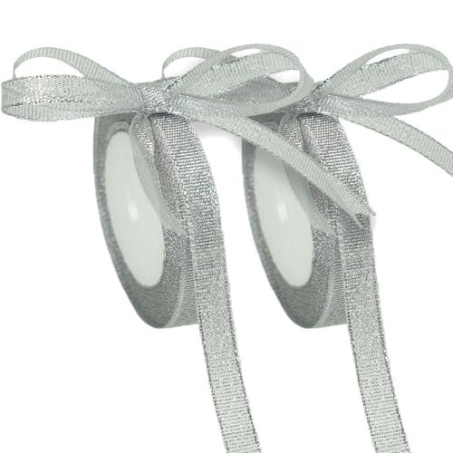 50 Yards Metallic Ribbon with Gold & Silver Threads,Glitter Ribbon for Gift Wrapping, Christmas, Valentine’s Day, Bouquet, and DIY Decor(Silver 2 Rolls, 5/8 Inch)