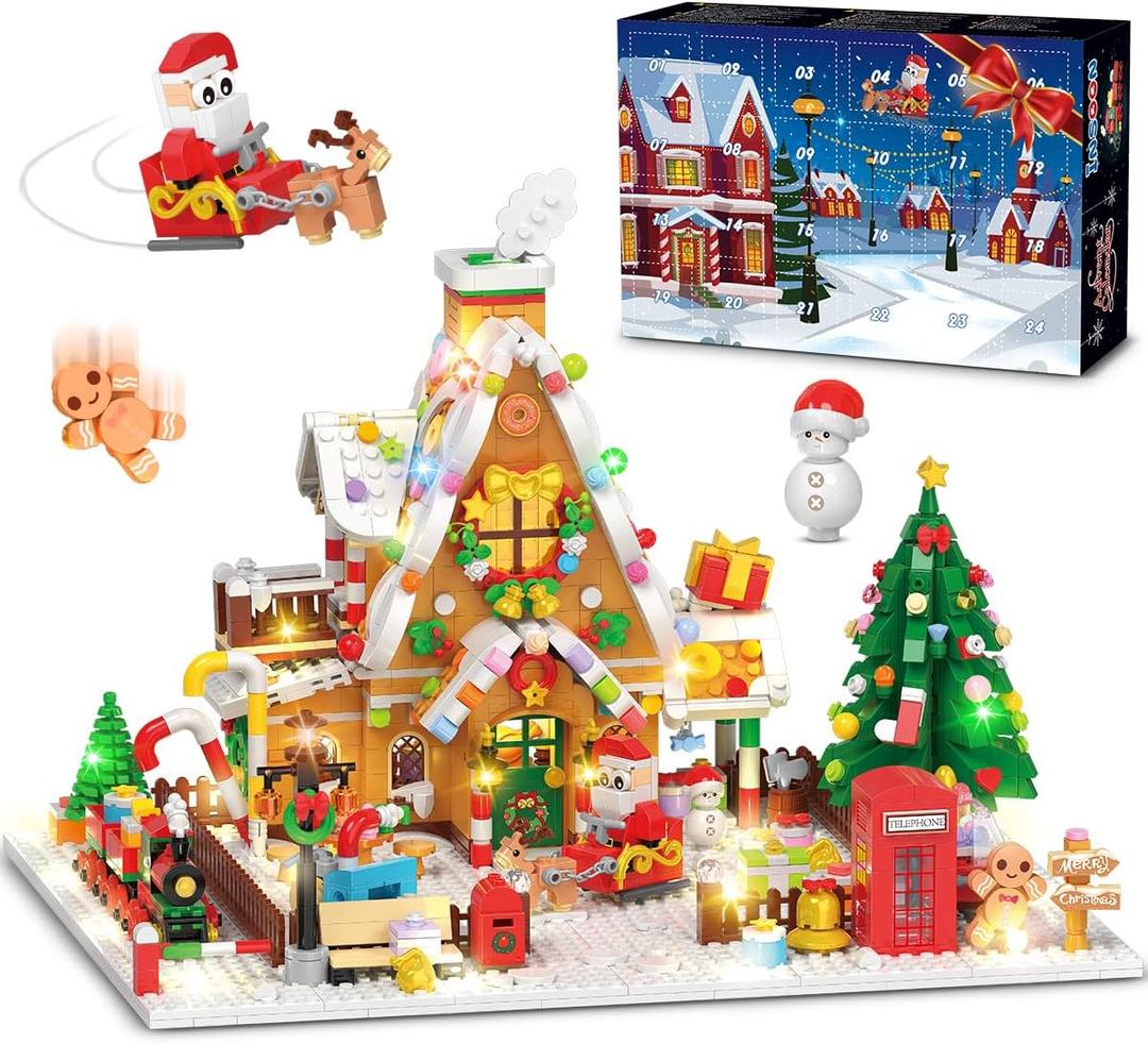 Advent Calendar 2025 Gingerbread House Mini Building Set with Lights, 24 Days Christmas Countdown Building Block Kit with Xmas Tree Train, Holiday Gift Toy for Adults Teens Girls Boys Ages 10+