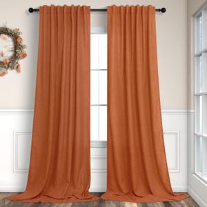 Burnt Orange Curtains 90 Inches Long for Living Room 2 Panels Set Back Tab Rod Pocket Linen Semi Sheer Copper Brown Rust Colored Curtain for Bedroom Dining Office Western Southwest Decor 52x90 Length