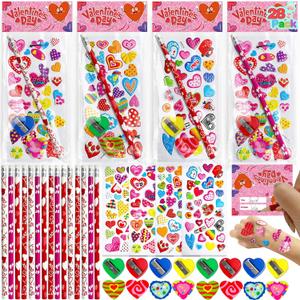 28 Pack Valentines Day Classroom Exchange Gift for Kids with Stationery Set Assorted Valentines Day Cards for Kids School Valentines Party Favors for Class with Goodie Bag, Pencils, Stickers, Erasers