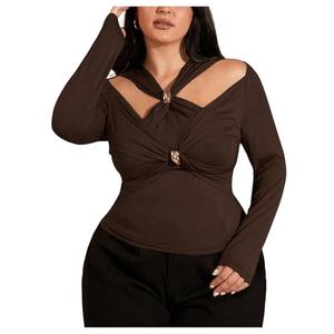 WDIRARA Women's Plus Size Metal Cut Out Long Sleeve T Shirt Twist Front Ruched Tee Tops Large Plus Coffee Brown, Large