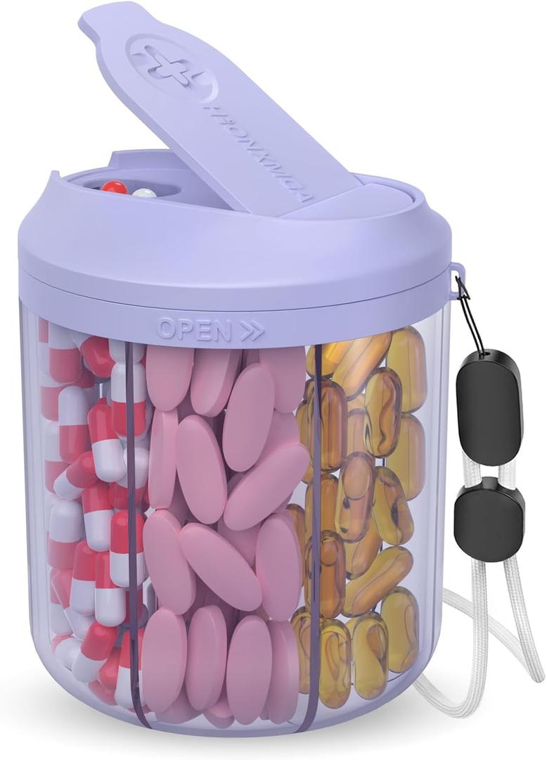 Pill Dispenser with 7 Large Compartments, 4.4" H x 3.6" Dia Pill Bottle Organizer for Travel, Supplement Organizer with Anti-Mixing Design, BPA-Free Pill Container with 20 Pcs Labels, Purple