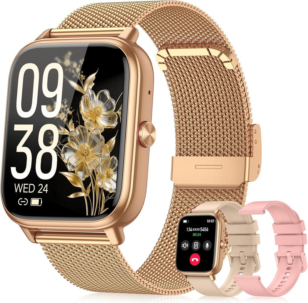 Smart Watch for Women Men- 1000mAh Battery Answer/Make Call, Fitness Step Tracker Watch with Sleep Monitor/Activity Counter/110+ Sport Mode for Andriod iPhone iOS Compatible - 3 Straps, Golden