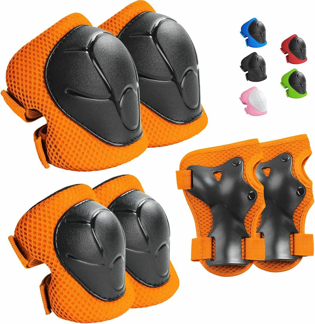 Kids Protective Gear Set Knee Pads for Kids Knee and Elbow Pads with Wrist Guards 3 in 1 for Skating Cycling Bike Rollerblading Scooter (Orange Black), Size: S(3-8Years)
