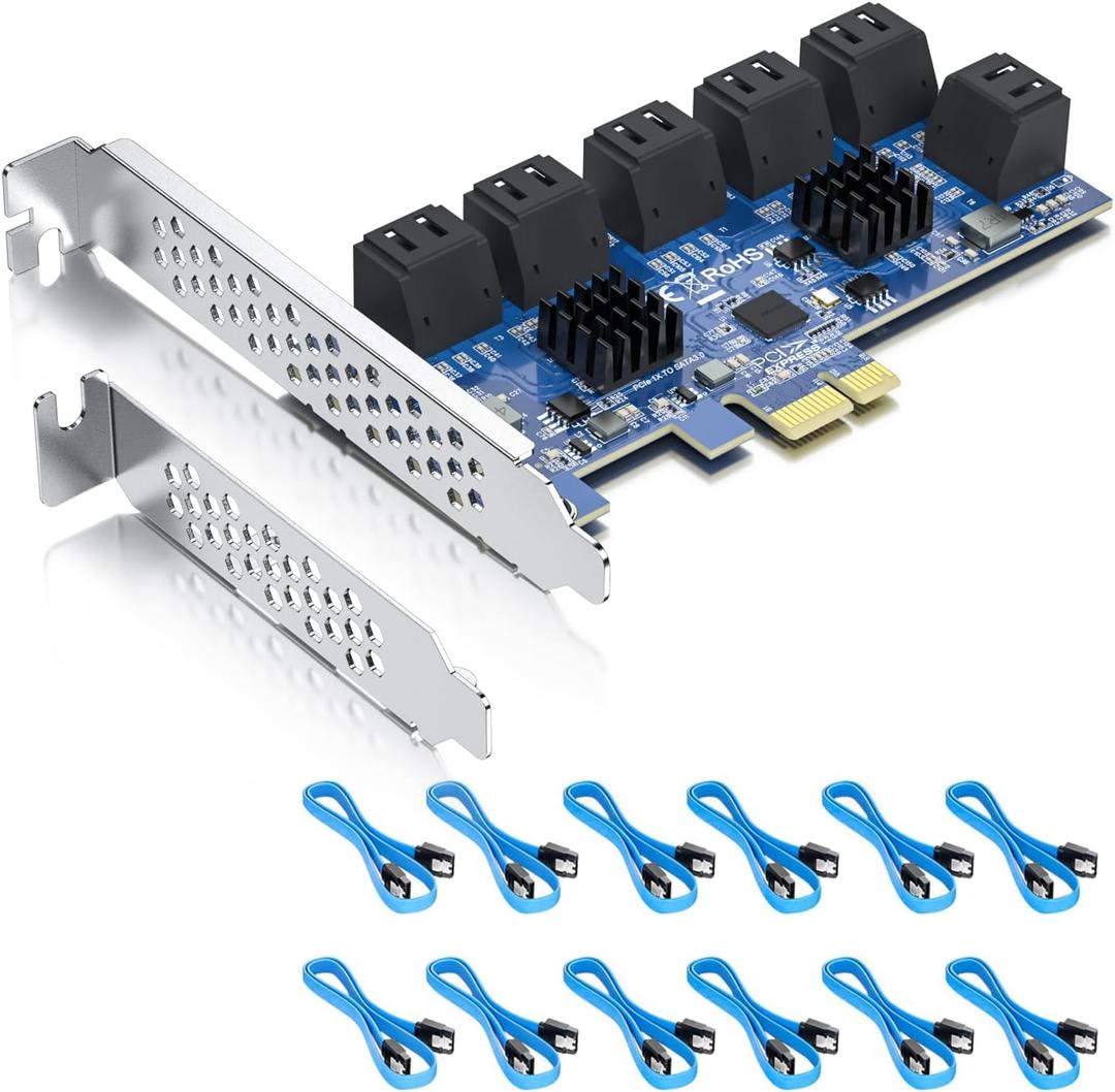 12 Port PCIe SATA Card, SATA3.0 Expansion Card, X1, with 12 SATA Cable, Support SSD and HDD