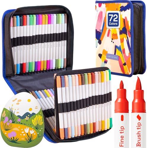 ARTISTRO Dual Tip Acrylic Paint Markers - Easy for All Ages & Levels Acrylic Paint Pens for Fabric, Rocks, Paper, Wood, Canvas, Glass, DIY (Dual Tip Brush + Fine, 72)