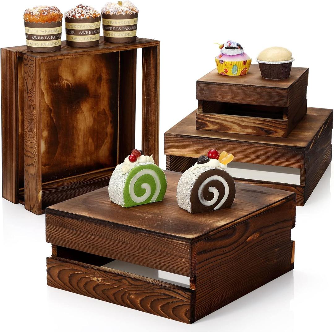 Sieral 4 Pieces Wood Cupcake Display Stand Decorative Dessert Appetizer Cake Stand Risers Wooden Crate Rustic Cake Risers for Storage for Party Christmas Halloween Wedding Decor (Burnt Wood)