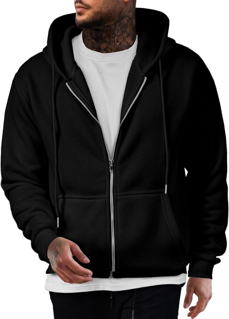 JMIERR Mens Full Zip Casual Cotton Hooded Fleece Drawstring Hoodies Pullover Sweatshirts Casual Long Sleeve Shirts (X-Large, Black)