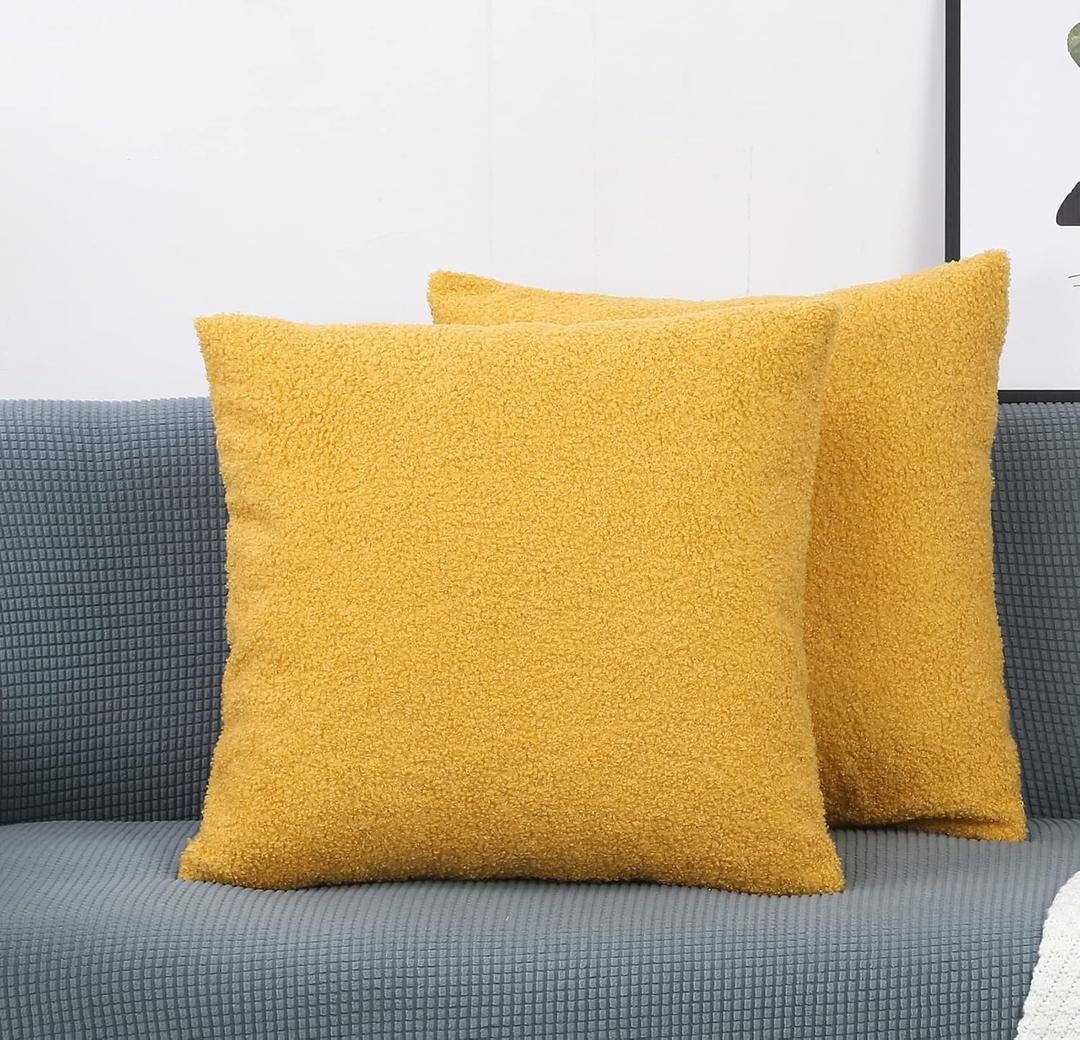 TangDepot Pack of 2 Luxury Faux Shearling Fluffy Throw Pillow Covers, Square Pillow Covers, Indoor/Outdoor Pillowcases - (14"x14" 2 Pieces, A19 Yellow)