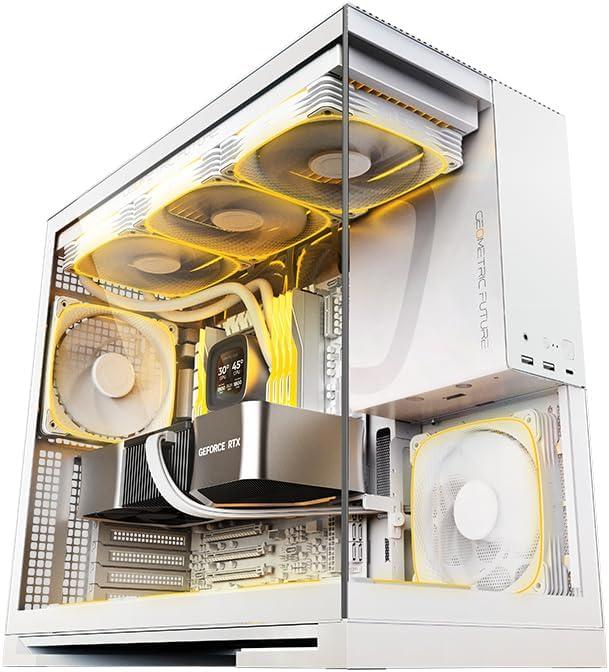 Geometric Future M5 Tempered Glass Mid Tower, E-ATX/ATX Gaming Case, 1.2mm Steel, Type C, Toolless Panels, Support 420/360 Radiator, ARGB PWM 140m Fan x 5 Pre-Installed, White, GEO-M5F-W