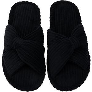 Enteer Women's Corduroy Bow Memory Foam Slippers, Open Toe Cross Band Non-Slip Indoor Outdoor House Slippers