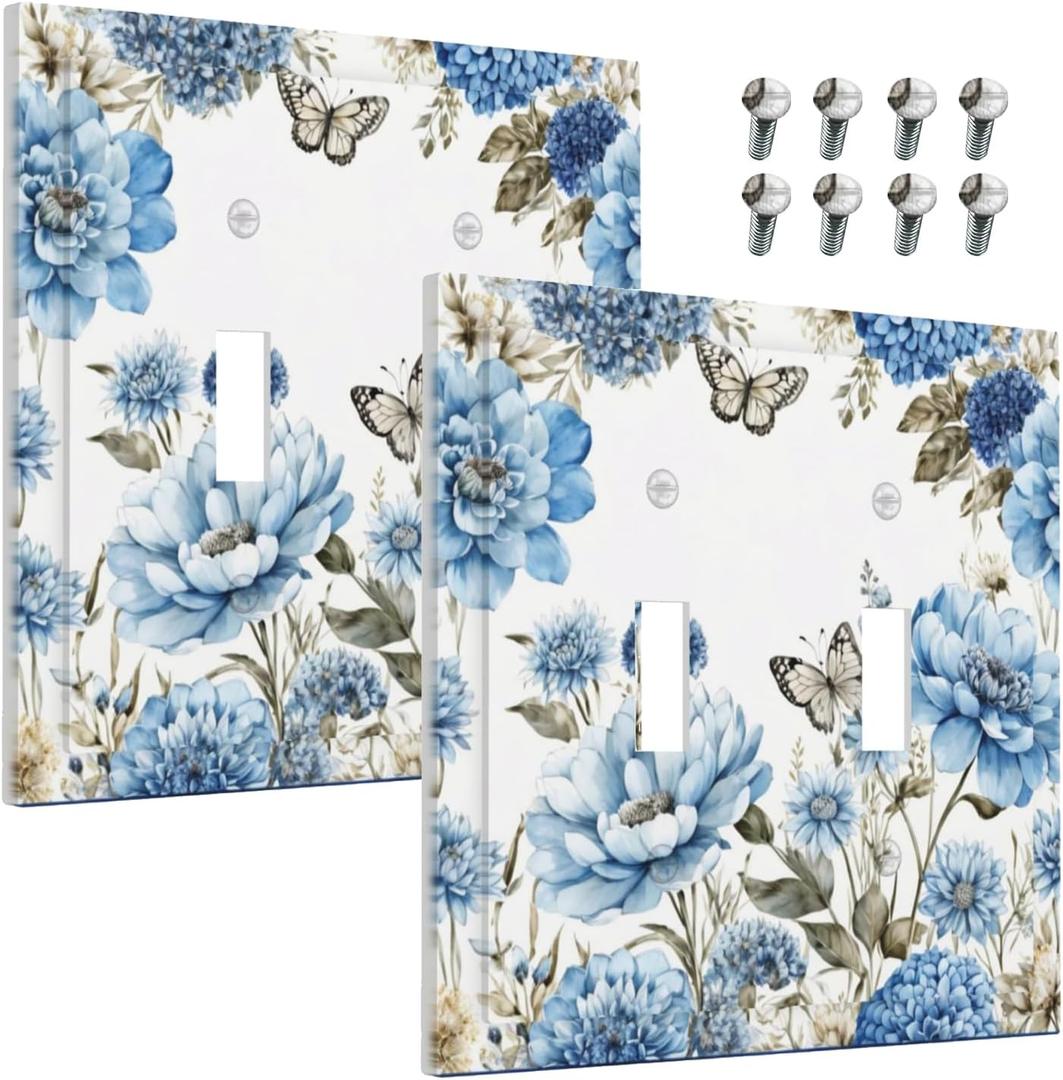 Decorative Outlet Cover Blue Iris Flowers Butterfly Botanical Floral Plant 2 Gang Wall Plate Double Toggle Light Switch Cover GFCI Receptacle Electrical Switchplate for Bathroom Bedroom2Pack