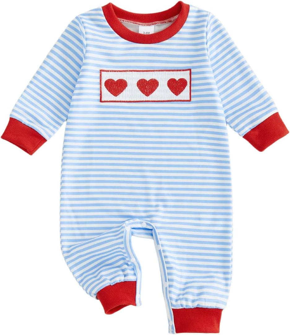 Sasaerucure Infant Newborn Baby boy Valentines day Outfit Heart Embroidery Striped Long Sleeve Romper Jumpsuit, Size 0-3M